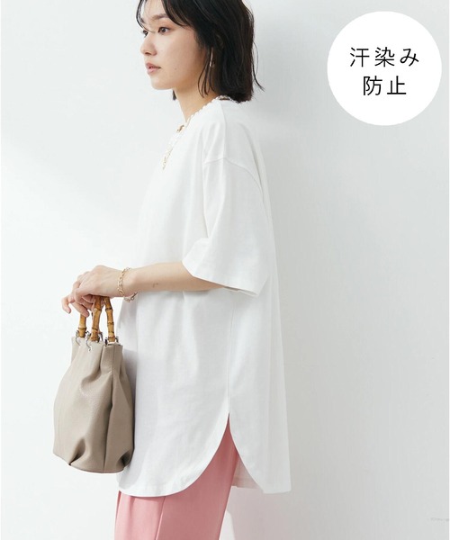 Green Parks(グリーンパークス)の「汗染み防止 クルーネックチュニック(Tシャツ/カットソー)」|オフホワイト