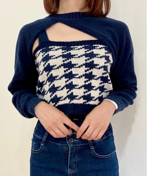 titty＆Co. PETIT by poyo（ティティーアンドコープティバイポヨ）の「【titty&Co.PETIT by poyo】ショート丈ニット×チェックビスチェセット（ニット/セーター・レディース・ネイビー/ベージュ系その他・FREE）」の11枚目の写真