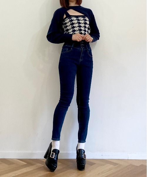 titty＆Co. PETIT by poyo（ティティーアンドコープティバイポヨ）の「【titty&Co.PETIT by poyo】ショート丈ニット×チェックビスチェセット（ニット/セーター・レディース・ネイビー/ベージュ系その他・FREE）」の8枚目の写真