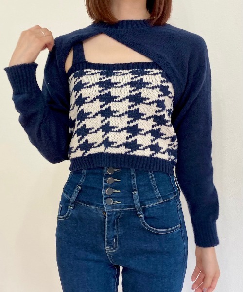 titty＆Co. PETIT by poyo（ティティーアンドコープティバイポヨ）の「【titty&Co.PETIT by poyo】ショート丈ニット×チェックビスチェセット（ニット/セーター・レディース・ネイビー/ベージュ系その他・FREE）」の12枚目の写真