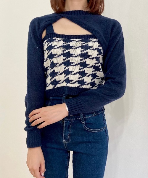 titty＆Co. PETIT by poyo（ティティーアンドコープティバイポヨ）の「【titty&Co.PETIT by poyo】ショート丈ニット×チェックビスチェセット（ニット/セーター・レディース・ネイビー/ベージュ系その他・FREE）」の14枚目の写真