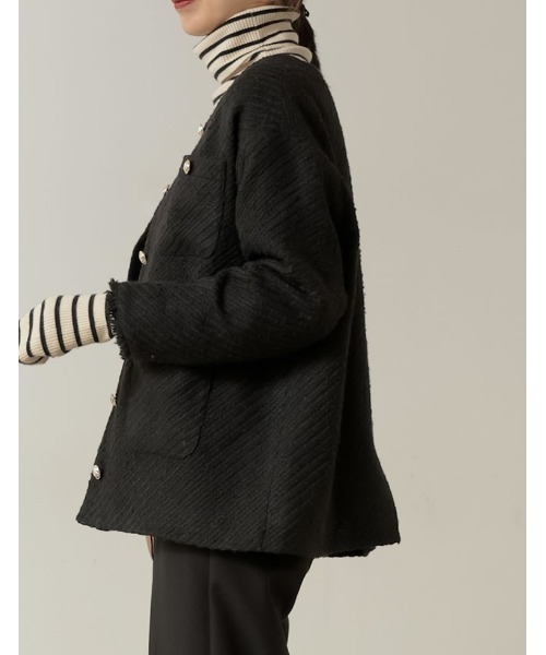 [新色追加][神山まりあさん着用]ツイードフリンジノーカラージャケット