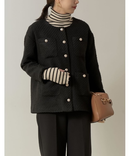 [新色追加][神山まりあさん着用]ツイードフリンジノーカラージャケット