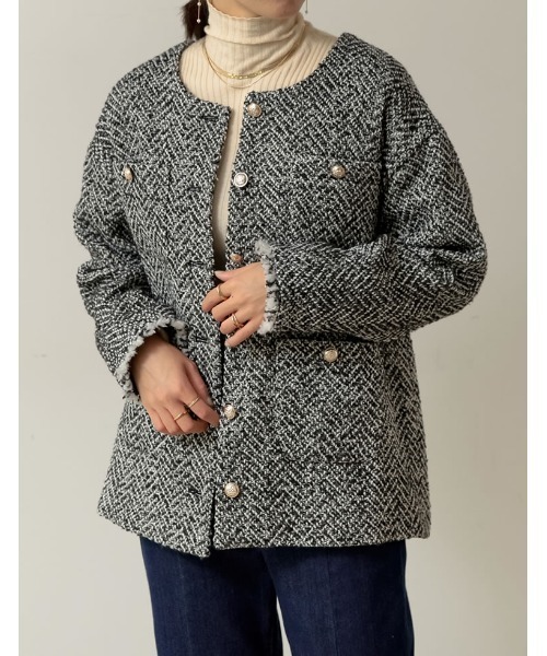 [新色追加][神山まりあさん着用]ツイードフリンジノーカラージャケット