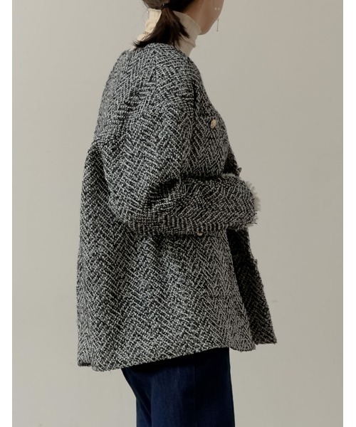 [新色追加][神山まりあさん着用]ツイードフリンジノーカラージャケット