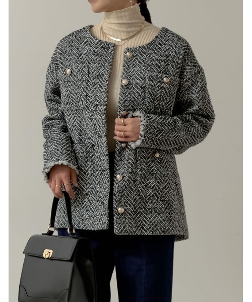 [新色追加][神山まりあさん着用]ツイードフリンジノーカラージャケット