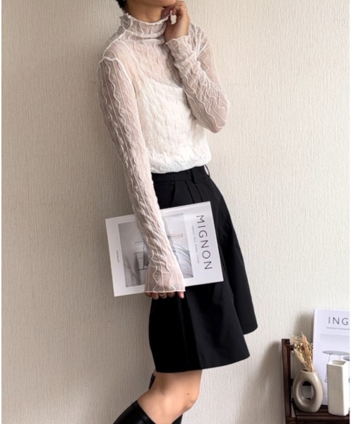 Ritzy（リッツィー）の「シアーハイネックメローウェーブ柄トップス（Tシャツ/カットソー・レディース・ホワイト/ブラック/ブラウン・FREE）」の15枚目の写真