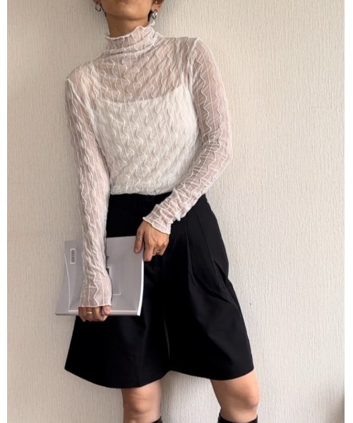 Ritzy（リッツィー）の「シアーハイネックメローウェーブ柄トップス（Tシャツ/カットソー・レディース・ホワイト/ブラック/ブラウン・FREE）」の16枚目の写真