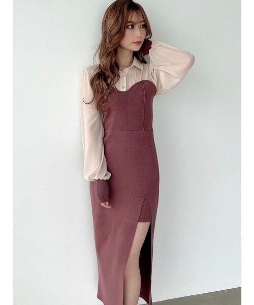 RESEXXY（リゼクシー）の「ニットレイヤードシャツワンピース（ワンピース・レディース・ブラック/ブラウン/グリーン・FREE）」の10枚目の写真