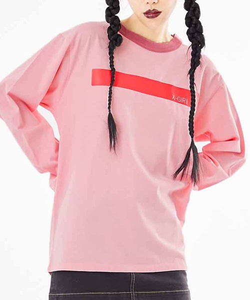 X-girl（エックスガール）の「GUMMED TAPE PRINT L/S TEE（Tシャツ/カットソー・レディース・アッシュ/ブラック/ピンク・S/M/L/XL）」の22枚目の写真