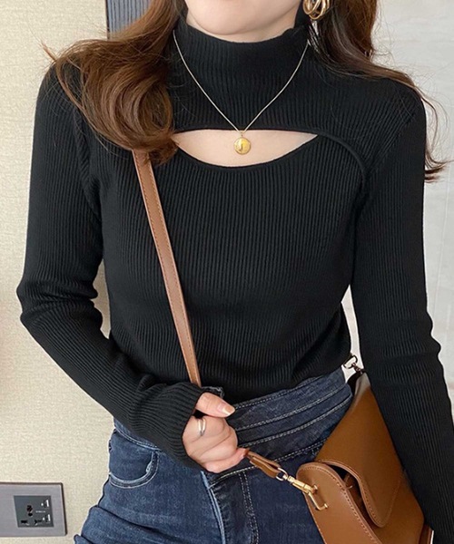 LUGG NAGG（ラグナグ）の「胸開きプチハイネックニットトップス（ニット/セーター・レディース・ベージュ/ブラック/ホワイト/マスタード/アイボリー/オリーブ/チョコ・M）」の4枚目の写真