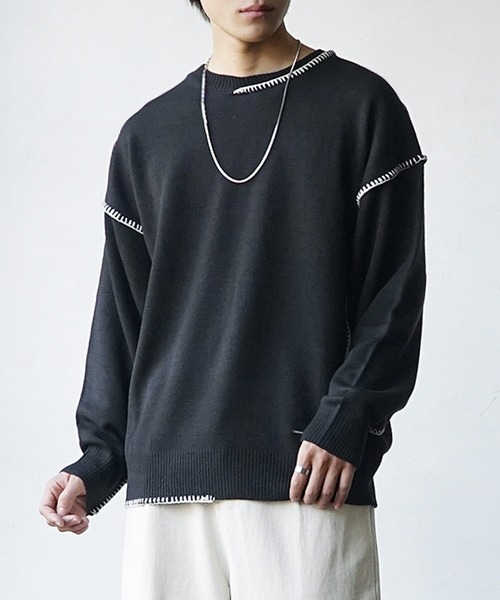 MinoriTY(マイノリティ)の「ハンドステッチクルーネックニット 秋服 メンズ(ニット/セーター・メンズ・キナリ/グレー/ブラック/サックスブルー・M/L)」の3枚目の写真