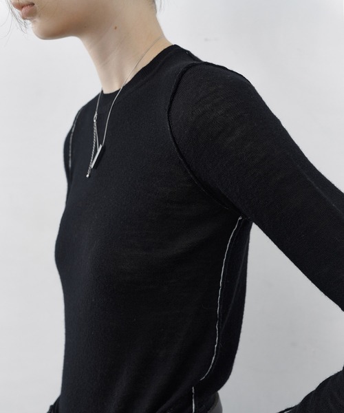 tageechita(タジチタ)の「【tageechita】クルーネック配色リンキング シアーニットTシャツ(ニット/セーター・レディース・ブラック/ホワイト・S/M/L)」の17枚目の写真