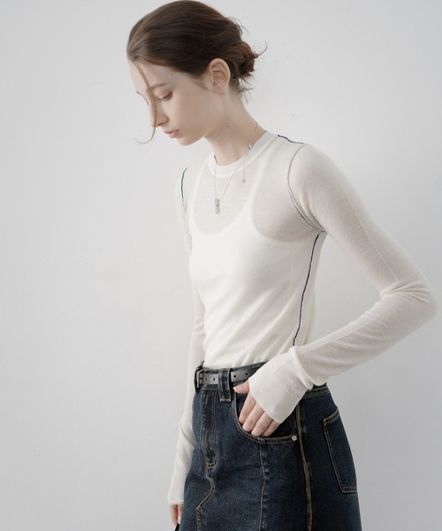 tageechita(タジチタ)の「【tageechita】クルーネック配色リンキング シアーニットTシャツ(ニット/セーター・レディース・ブラック/ホワイト・S/M/L)」の14枚目の写真