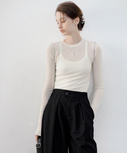 tageechita(タジチタ)の「【tageechita】クルーネック配色リンキング シアーニットTシャツ(ニット/セーター・レディース・ブラック/ホワイト・S/M/L)」の13枚目の写真
