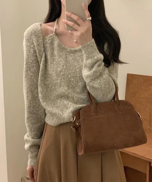 aimoha(アイモハ)の「セットアップ風ニットトップス(ニット/セーター・レディース・チョコ/グレー/ベージュ・FREE)」の1枚目の写真