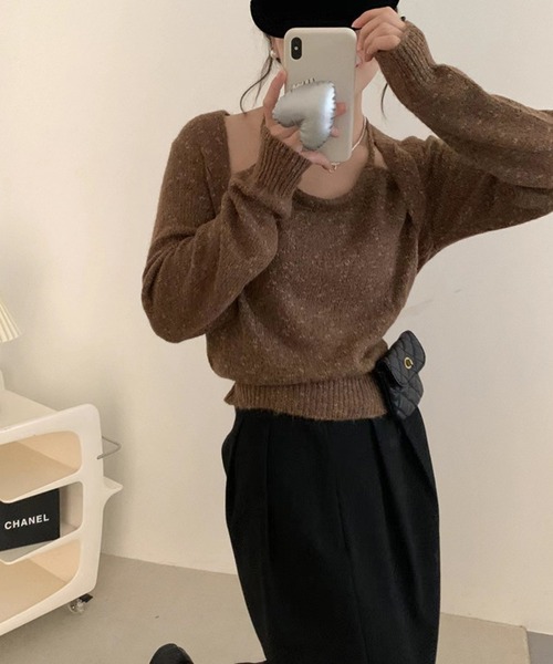 aimoha(アイモハ)の「セットアップ風ニットトップス(ニット/セーター・レディース・チョコ/グレー/ベージュ・FREE)」の3枚目の写真