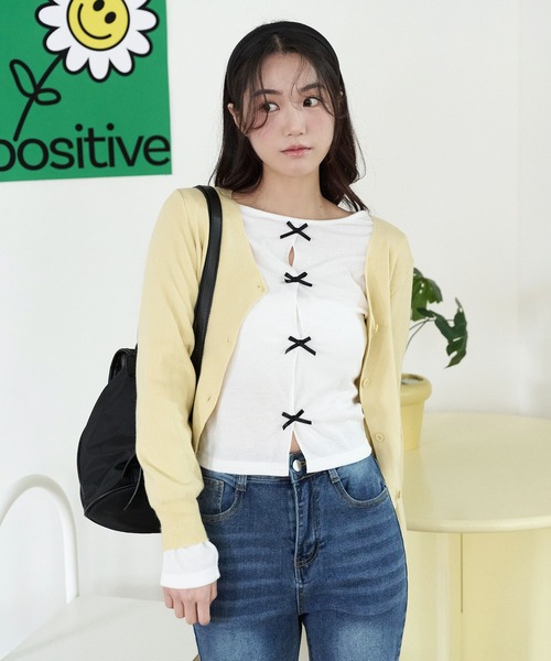 UNE MANSION(ユヌマンション)の「【レイヤードコーデおすすめ】フロントカットオフリボンラウンドTシャツカットソー(Tシャツ/カットソー・レディース・グレー/ブラック/ホワイト・FREE)」の5枚目の写真