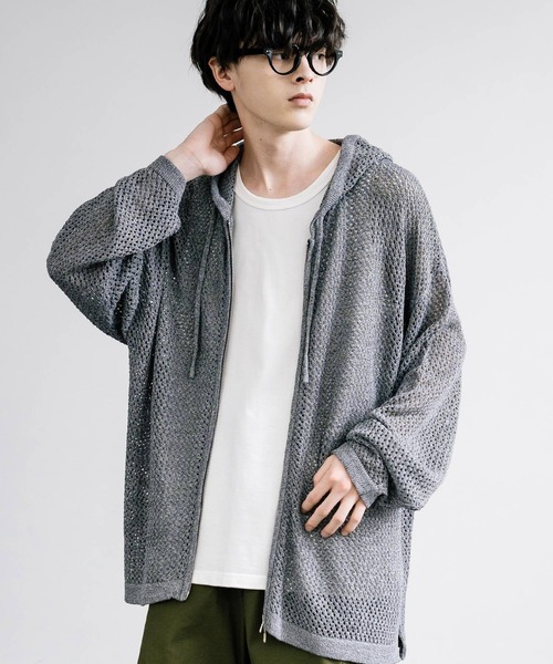 Rocky Monroe（ロッキーモンロー）の「オーバーサイズメッシュ編みＷジップニットパーカー（パーカー・メンズ・ブラック/ライトグレー/チャコールグレー/マスタード/ナチュラル・M/L）」の3枚目の写真