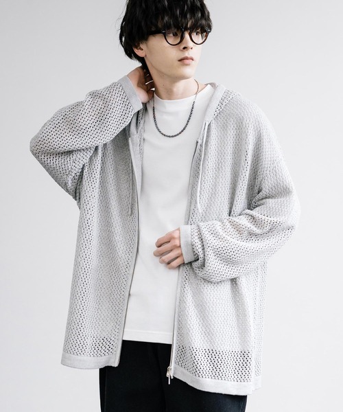 Rocky Monroe（ロッキーモンロー）の「オーバーサイズメッシュ編みＷジップニットパーカー（パーカー・メンズ・ブラック/ライトグレー/チャコールグレー/マスタード/ナチュラル・M/L）」の4枚目の写真