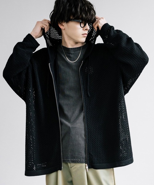 Rocky Monroe（ロッキーモンロー）の「オーバーサイズメッシュ編みＷジップニットパーカー（パーカー・メンズ・ブラック/ライトグレー/チャコールグレー/マスタード/ナチュラル・M/L）」の2枚目の写真