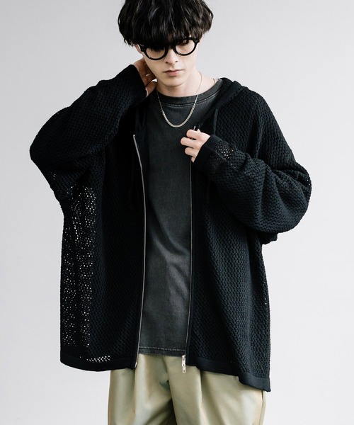 Rocky Monroe（ロッキーモンロー）の「オーバーサイズメッシュ編みＷジップニットパーカー（パーカー・メンズ・ブラック/ライトグレー/チャコールグレー/マスタード/ナチュラル・M/L）」の7枚目の写真