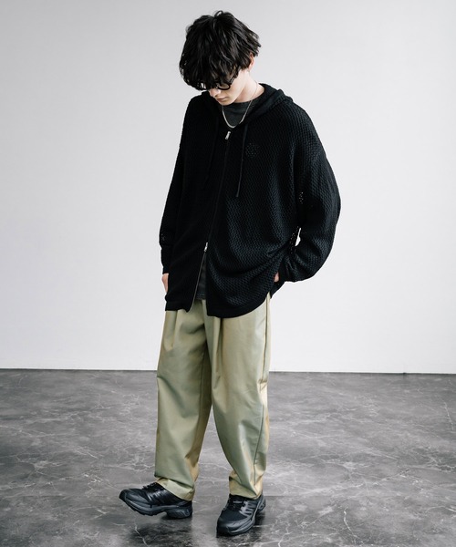 Rocky Monroe（ロッキーモンロー）の「オーバーサイズメッシュ編みＷジップニットパーカー（パーカー・メンズ・ブラック/ライトグレー/チャコールグレー/マスタード/ナチュラル・M/L）」の9枚目の写真