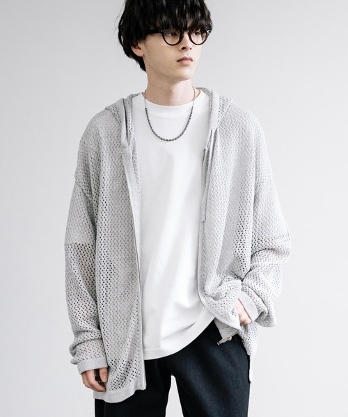 Rocky Monroe（ロッキーモンロー）の「オーバーサイズメッシュ編みＷジップニットパーカー（パーカー・メンズ・ブラック/ライトグレー/チャコールグレー/マスタード/ナチュラル・M/L）」の14枚目の写真