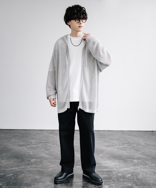 Rocky Monroe（ロッキーモンロー）の「オーバーサイズメッシュ編みＷジップニットパーカー（パーカー・メンズ・ブラック/ライトグレー/チャコールグレー/マスタード/ナチュラル・M/L）」の17枚目の写真