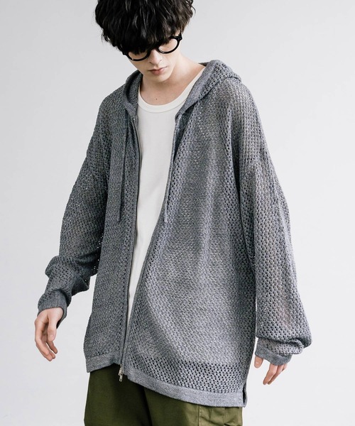 Rocky Monroe（ロッキーモンロー）の「オーバーサイズメッシュ編みＷジップニットパーカー（パーカー・メンズ・ブラック/ライトグレー/チャコールグレー/マスタード/ナチュラル・M/L）」の10枚目の写真