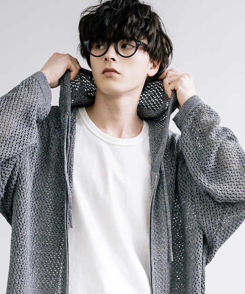 Rocky Monroe（ロッキーモンロー）の「オーバーサイズメッシュ編みＷジップニットパーカー（パーカー・メンズ・ブラック/ライトグレー/チャコールグレー/マスタード/ナチュラル・M/L）」の11枚目の写真