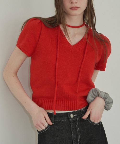 GIUNON（ジウノン）の「tie set summer knit / タイセットサマーニット（ニット/セーター・レディース・レッド/アイボリー・FREE）」の2枚目の写真