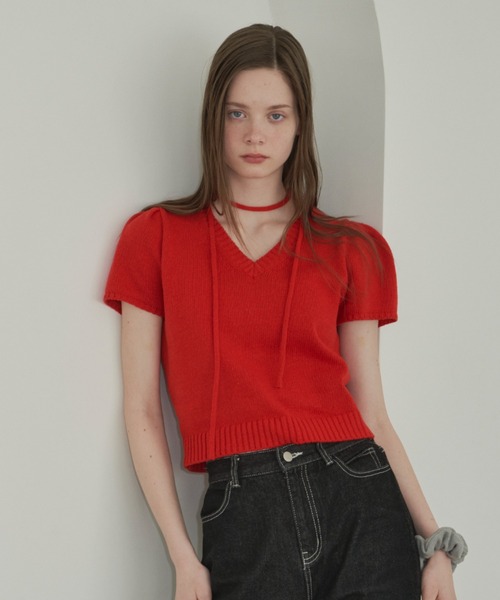 GIUNON（ジウノン）の「tie set summer knit / タイセットサマーニット（ニット/セーター・レディース・レッド/アイボリー・FREE）」の3枚目の写真