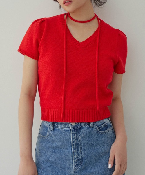 GIUNON（ジウノン）の「tie set summer knit / タイセットサマーニット（ニット/セーター・レディース・レッド/アイボリー・FREE）」の16枚目の写真