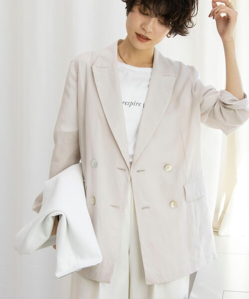 イエナ／美品❤️フォーマルにも！ダブルブレストノーカラージャケット 淡ベージュ ダブルクロスノーカラーショートジャケット | allureville