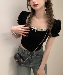 レースアップラウンドネックパフスリーブ　Tシャツ