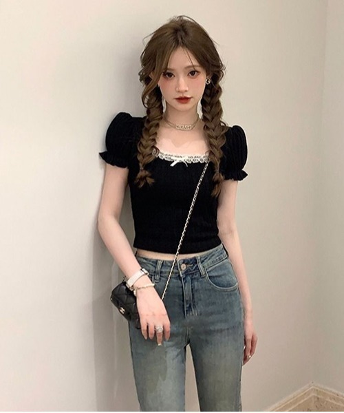 gossip!ロサンゼルス(ゴシップロサンゼルス)の「レースアップラウンドネックパフスリーブ Tシャツ(Tシャツ/カットソー・レディース・ホワイト/ブラック・FREE)」の11枚目の写真