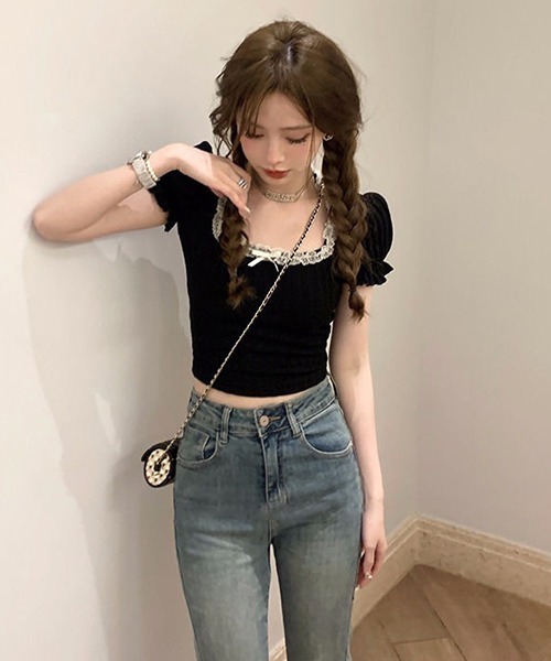 gossip!ロサンゼルス(ゴシップロサンゼルス)の「レースアップラウンドネックパフスリーブ Tシャツ(Tシャツ/カットソー・レディース・ホワイト/ブラック・FREE)」の13枚目の写真