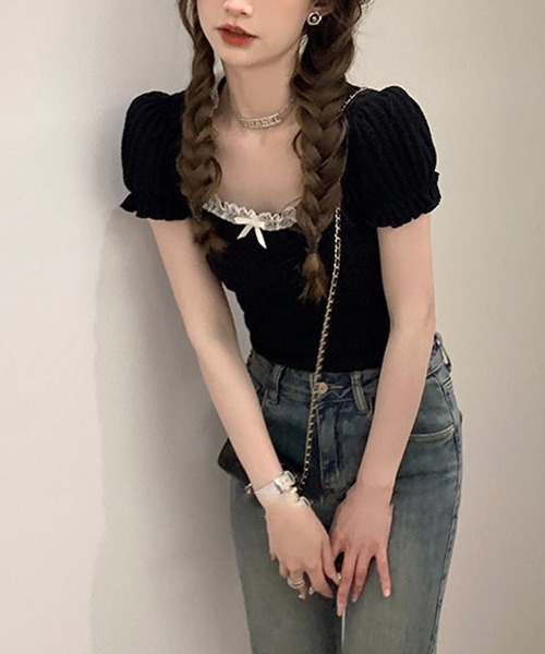 gossip!ロサンゼルス(ゴシップロサンゼルス)の「レースアップラウンドネックパフスリーブ Tシャツ(Tシャツ/カットソー・レディース・ホワイト/ブラック・FREE)」の10枚目の写真