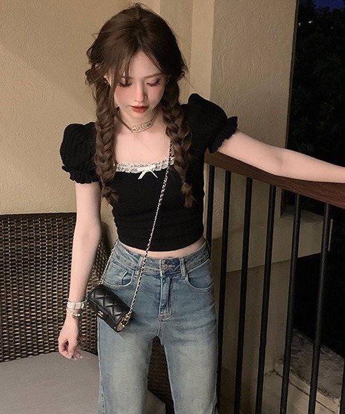 gossip!ロサンゼルス(ゴシップロサンゼルス)の「レースアップラウンドネックパフスリーブ Tシャツ(Tシャツ/カットソー・レディース・ホワイト/ブラック・FREE)」の12枚目の写真