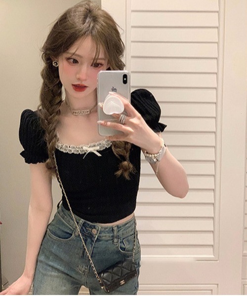 gossip!ロサンゼルス(ゴシップロサンゼルス)の「レースアップラウンドネックパフスリーブ Tシャツ(Tシャツ/カットソー・レディース・ホワイト/ブラック・FREE)」の5枚目の写真
