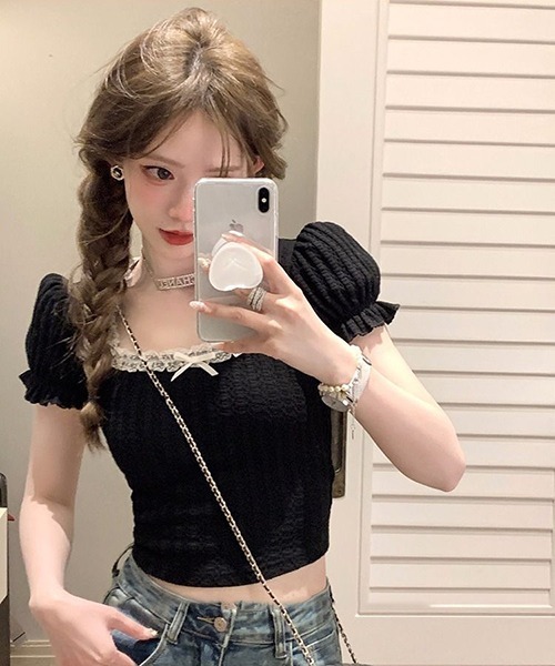 gossip!ロサンゼルス(ゴシップロサンゼルス)の「レースアップラウンドネックパフスリーブ Tシャツ(Tシャツ/カットソー・レディース・ホワイト/ブラック・FREE)」の6枚目の写真