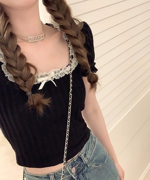 gossip!ロサンゼルス(ゴシップロサンゼルス)の「レースアップラウンドネックパフスリーブ Tシャツ(Tシャツ/カットソー・レディース・ホワイト/ブラック・FREE)」の7枚目の写真
