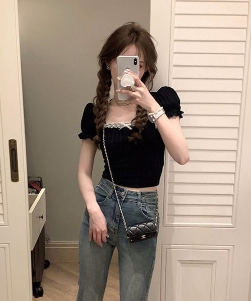 gossip!ロサンゼルス(ゴシップロサンゼルス)の「レースアップラウンドネックパフスリーブ Tシャツ(Tシャツ/カットソー・レディース・ホワイト/ブラック・FREE)」の8枚目の写真