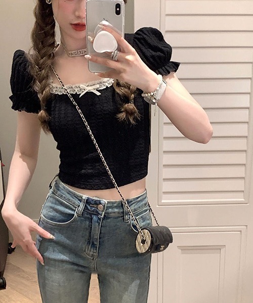gossip!ロサンゼルス(ゴシップロサンゼルス)の「レースアップラウンドネックパフスリーブ Tシャツ(Tシャツ/カットソー・レディース・ホワイト/ブラック・FREE)」の9枚目の写真