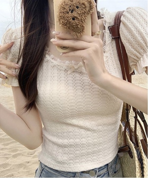 gossip!ロサンゼルス(ゴシップロサンゼルス)の「レースアップラウンドネックパフスリーブ Tシャツ(Tシャツ/カットソー・レディース・ホワイト/ブラック・FREE)」の16枚目の写真