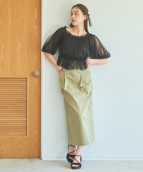 mysty woman（ミスティウーマン）の「チュールギャザーブラウス　120976（シャツ/ブラウス・レディース・グレイッシュブルー/アイボリー/ブラック・FREE）」の7枚目の写真