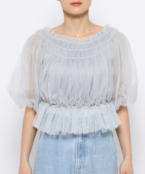 mysty woman（ミスティウーマン）の「チュールギャザーブラウス　120976（シャツ/ブラウス・レディース・グレイッシュブルー/アイボリー/ブラック・FREE）」の12枚目の写真