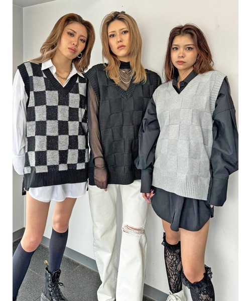 EGOIST（エゴイスト）の「ブロックチェックニットベスト（ベスト・レディース・グレー/マルチ/ブラック・FREE）」の4枚目の写真