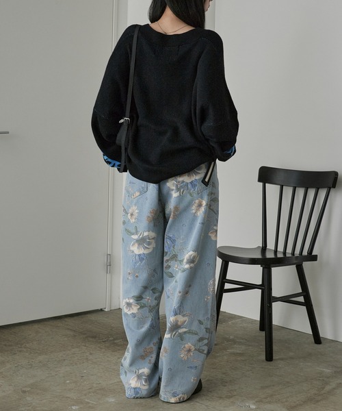 セール】flower design wide denim pants / フラワーデザイン